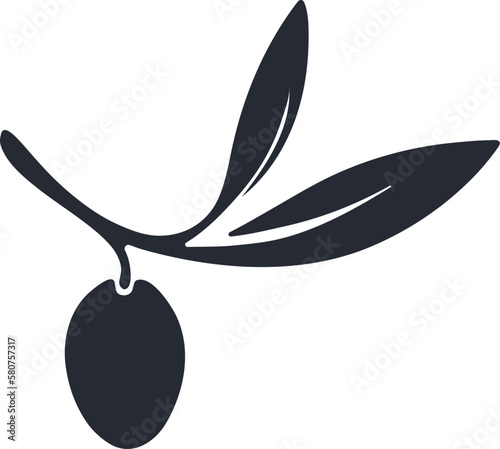 Olive branch black silhouette of fruits and flowers. Nature shape
