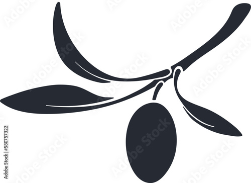 Olive branch black silhouette of fruits and flowers. Nature shape