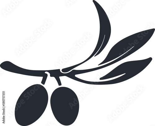 Olive branch black silhouette of fruits and flowers. Nature shape