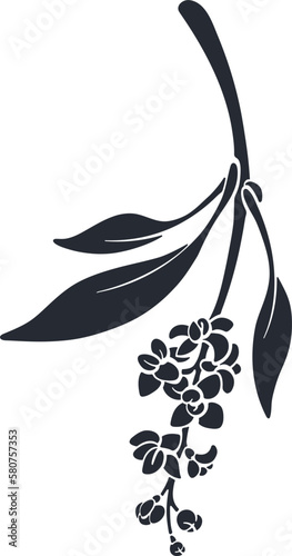 Olive branch black silhouette of fruits and flowers. Nature shape