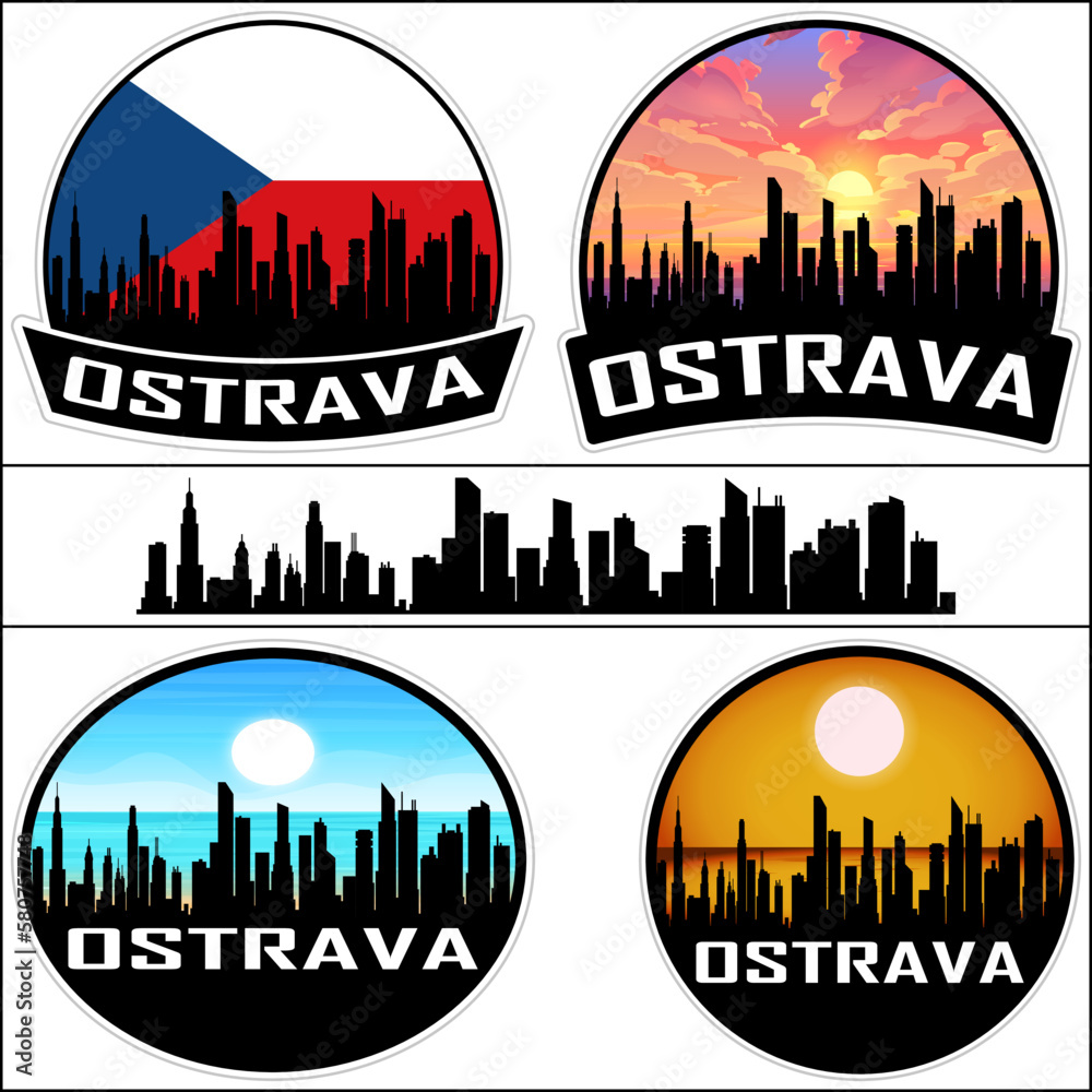 Ostrava Skyline Silhouette Czech Flag Travel Souvenir Sticker Sunset Background Vector Illustration SVG EPS AI