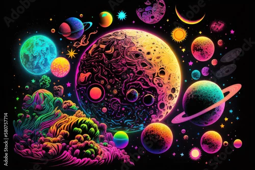 Obraz Colorful psychedelic galaxy and planets in space illustration