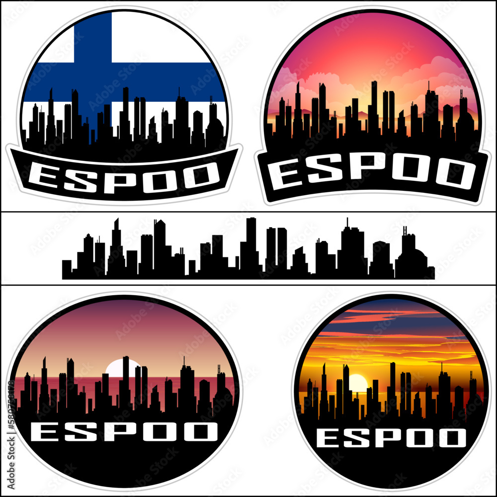 Espoo Skyline Silhouette Finland Flag Travel Souvenir Sticker Sunset Background Vector Illustration SVG EPS AI