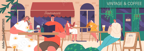 People Chatting And Enjoying Drinks And Meals In Street Cafe. Characters Sitting At Outdoor Tables Eating Food