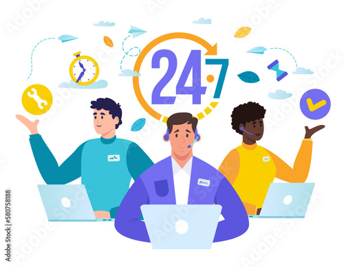 Customer service, hotline operators consult customers with headsets on computers, 247 global online technical support, Call center, call processing system, Vector illustration 