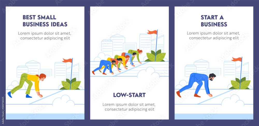 Business Competition Cartoon Banners. Business Men And Women Stand In Low Start Posture Prepare To Run Business Competition Cartoon Banners. Business Men And Women Stand In Low Start Posture Prepare To Run