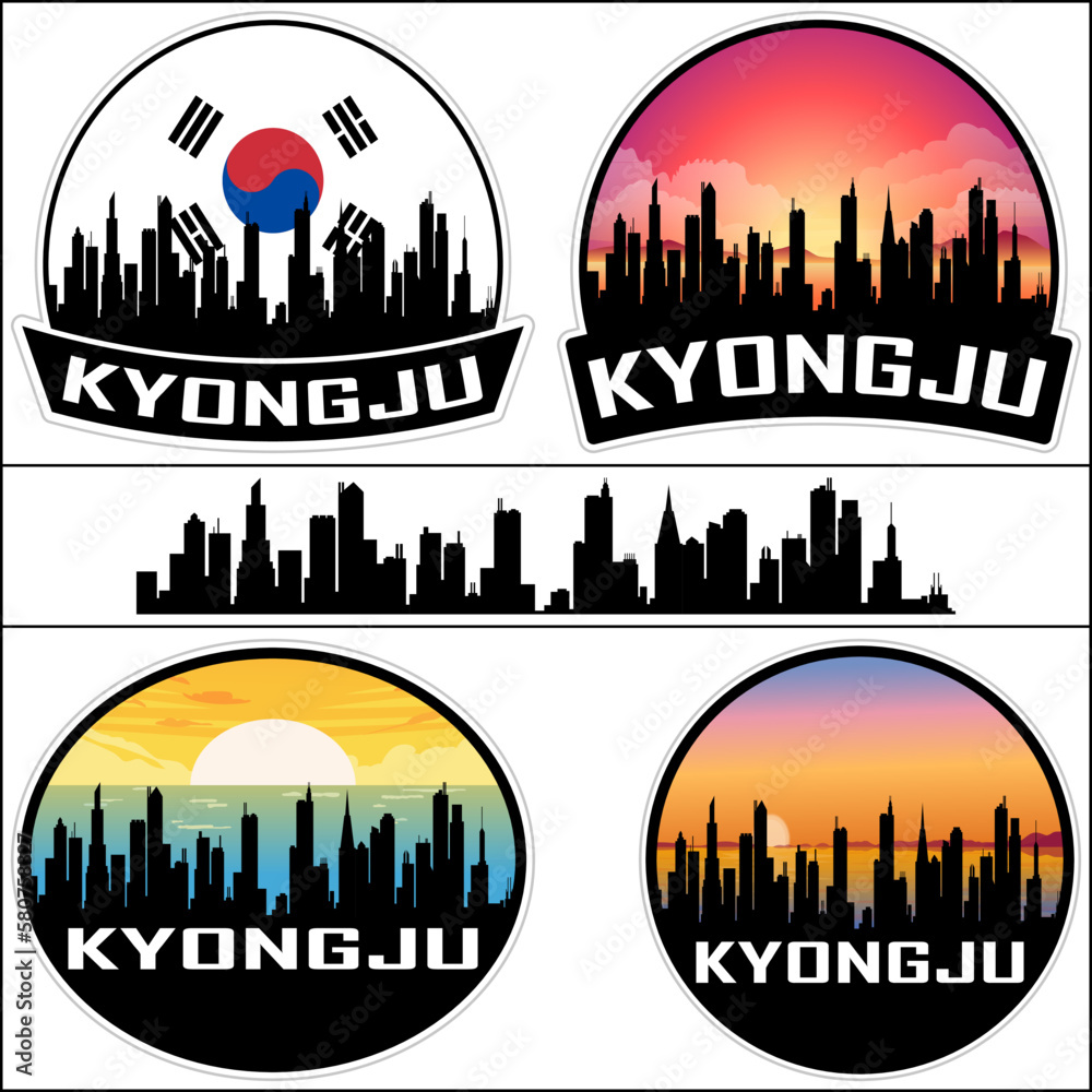 Kyongju Skyline Silhouette South Korea Flag Travel Souvenir Sticker Sunset Background Vector Illustration SVG EPS AI