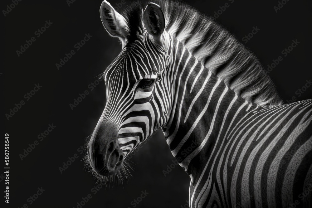 Fototapeta premium On a dark background is a zebra. Picture in black and white. Generative AI