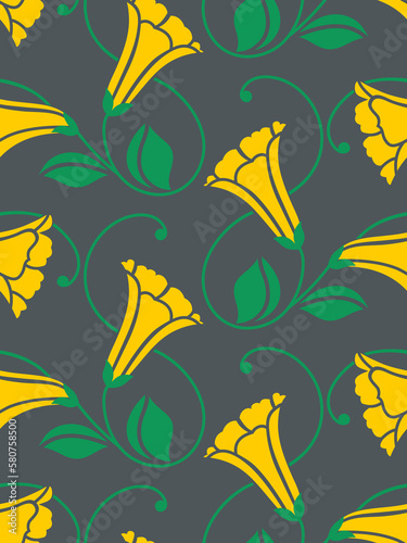 The vector illustration of yellow flower pattern on dark background for wallpaper, backdrops, and various surfaces.
