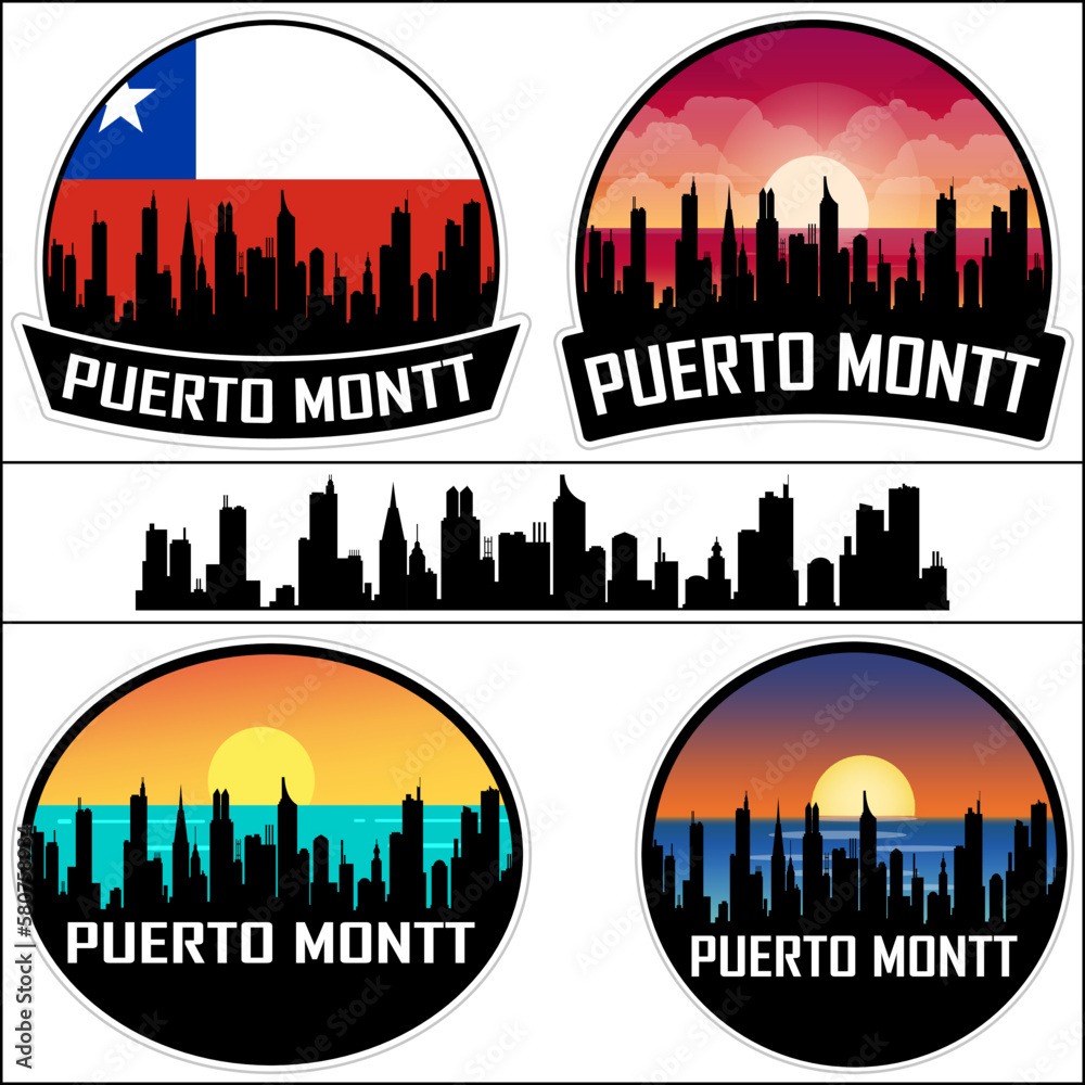 Puerto Montt Skyline Silhouette Chile Flag Travel Souvenir Sticker Sunset Background Vector Illustration SVG EPS AI