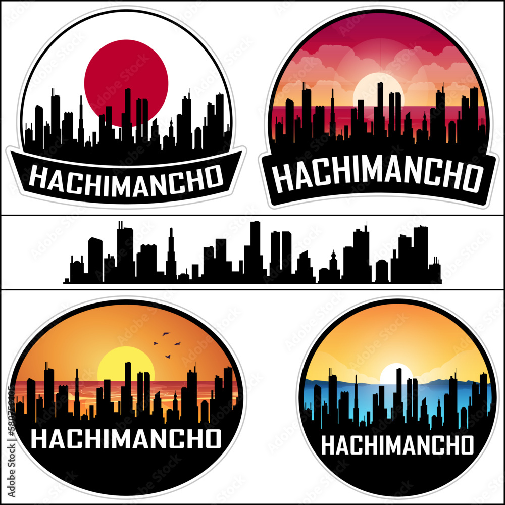 Hachimancho Skyline Silhouette Japan Flag Travel Souvenir Sticker Sunset Background Vector Illustration SVG EPS AI