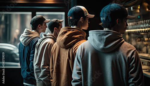4 guys in hoodies ordering at a bar restaurant