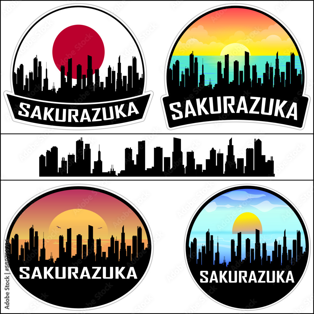 Sakurazuka Skyline Silhouette Japan Flag Travel Souvenir Sticker Sunset Background Vector Illustration SVG EPS AI