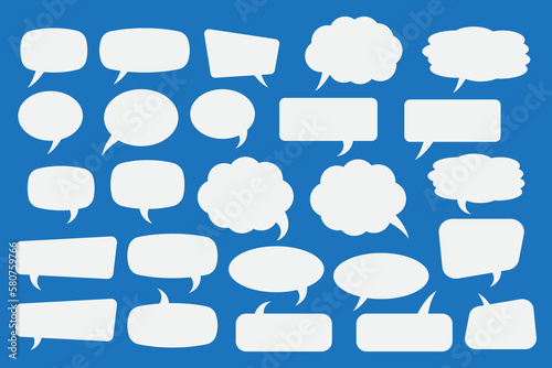 Set of speech bubbles. Speak bubble text, cartoon chatting box, message box. Blank empty vector white speech bubbles on blue background. Cartoon balloon word design.