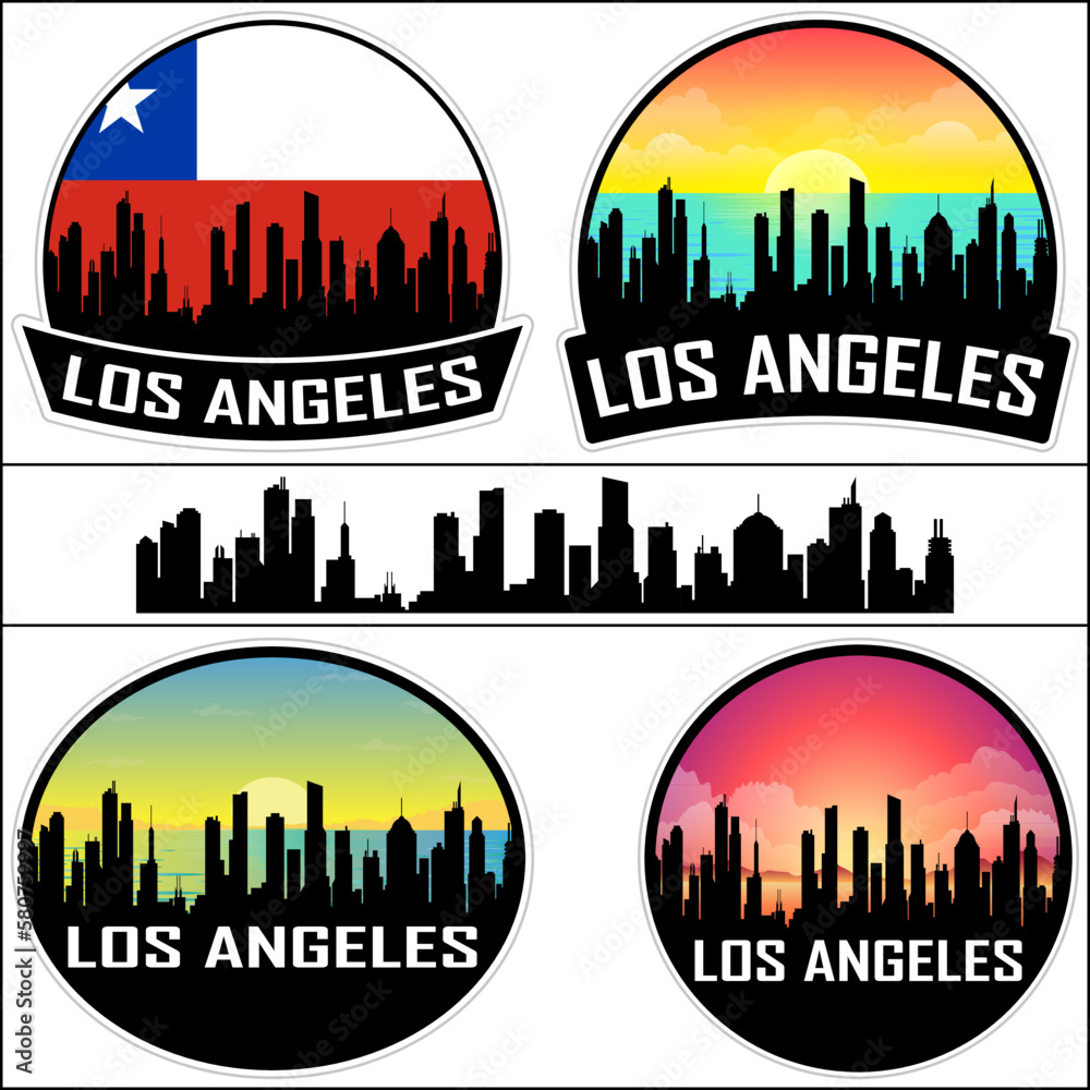 Los Angeles Skyline Silhouette Chile Flag Travel Souvenir Sticker Sunset Background Vector Illustration SVG EPS AI