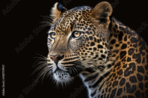 A portrait of a leopard with a black background. Generative AI © AkuAku
