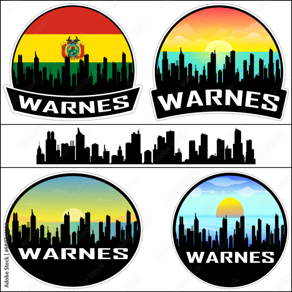 Warnes Skyline Silhouette Bolivia Flag Travel Souvenir Sticker Sunset Background Vector Illustration SVG EPS AI