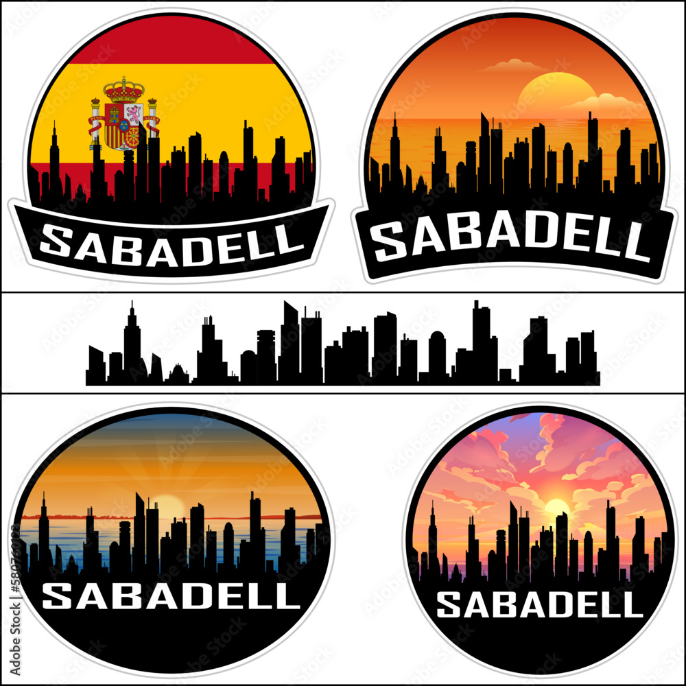 Sabadell Skyline Silhouette Spain Flag Travel Souvenir Sticker Sunset Background Vector Illustration SVG EPS AI