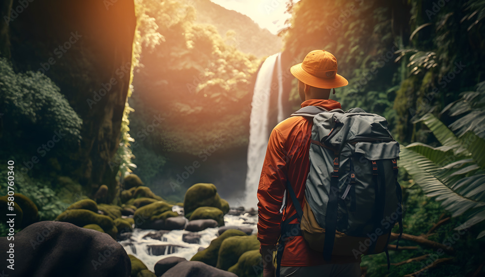 Back view tourist of hiker with backpack walks in tropical waterfall at sunset. Generation AI