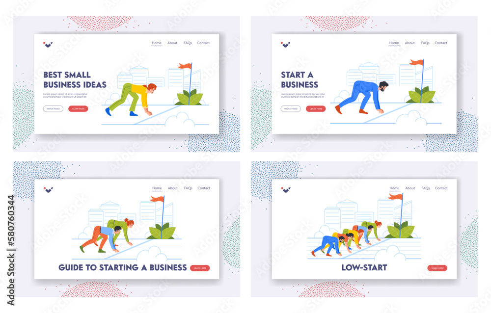 Low Start Landing Page Template Set. Business Competition Concept With Business Men And Women Prepare To Run