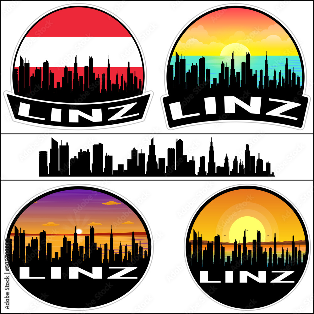 Linz Skyline Silhouette Austria Flag Travel Souvenir Sticker Sunset Background Vector Illustration SVG EPS AI