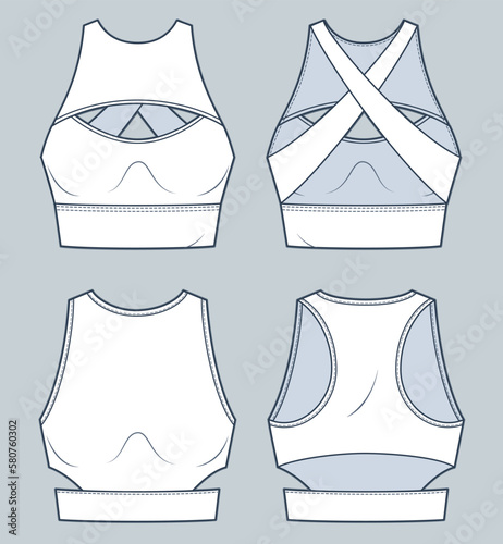 Set of Crop Top technical fashion illustration. Sports Bra fashion flat technical drawing template, cutout, straps, front and back view, white, women, girl cad mockup set.