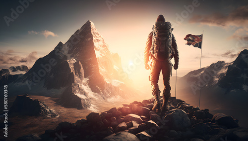 Back view climber hiker with backpack on top of mountain with flag, sunset light. Generation AI