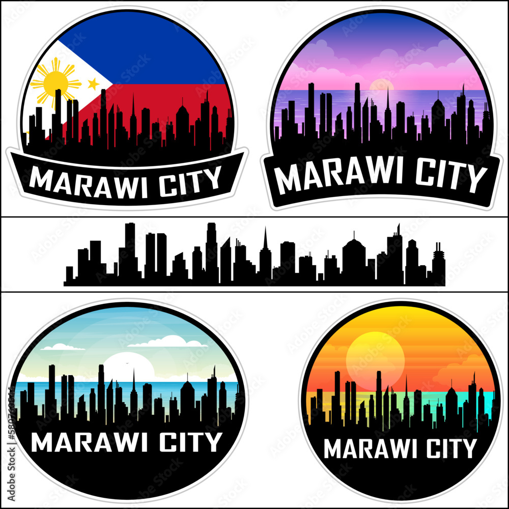 Marawi City Skyline Silhouette Philippines Flag Travel Souvenir Sticker Sunset Background Vector Illustration SVG EPS AI