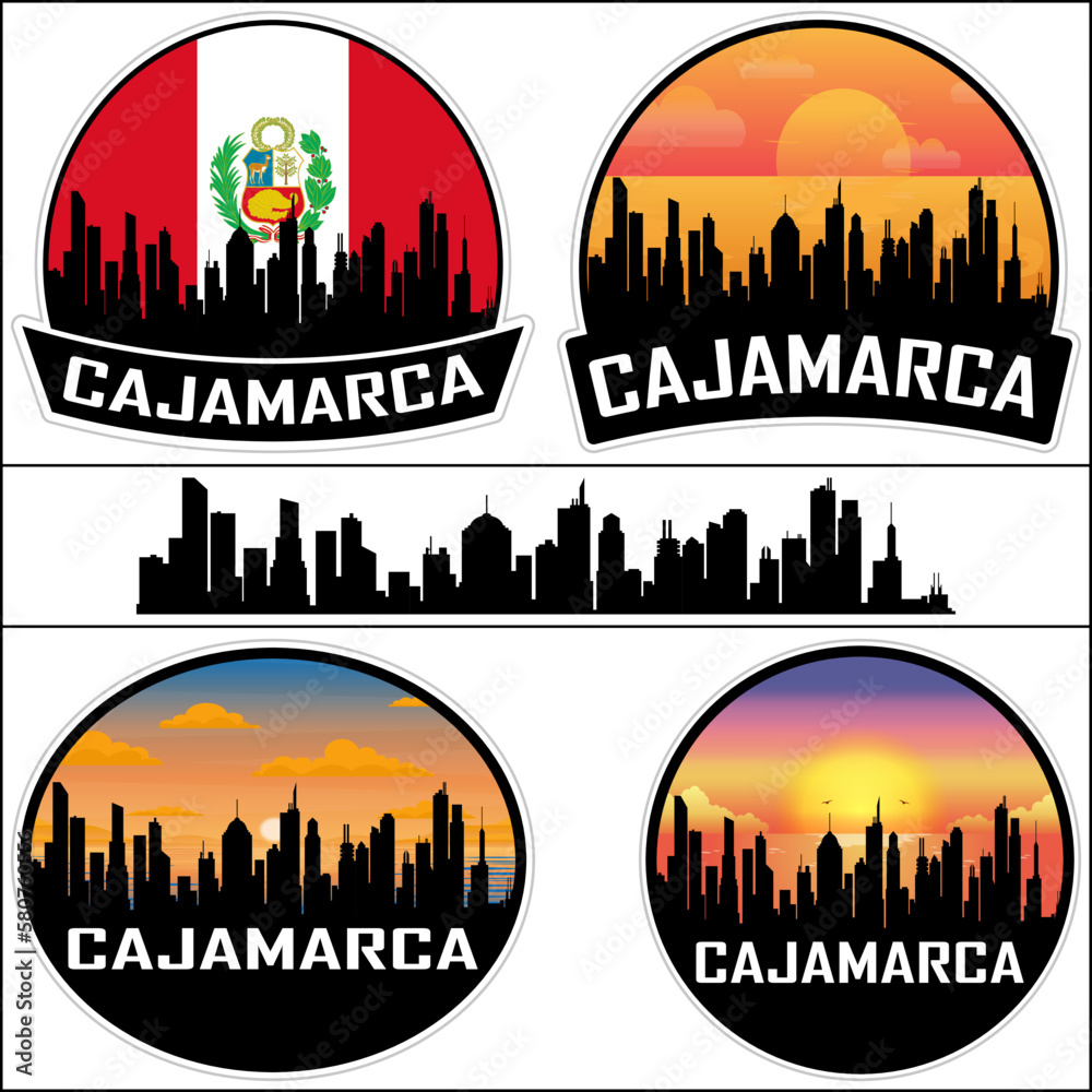 Cajamarca Skyline Silhouette Peru Flag Travel Souvenir Sticker Sunset Background Vector Illustration SVG EPS AI