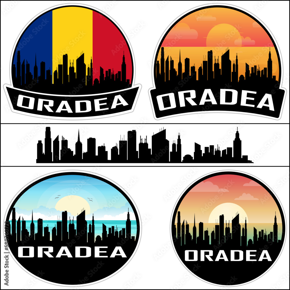 Oradea Skyline Silhouette Romania Flag Travel Souvenir Sticker Sunset Background Vector Illustration SVG EPS AI