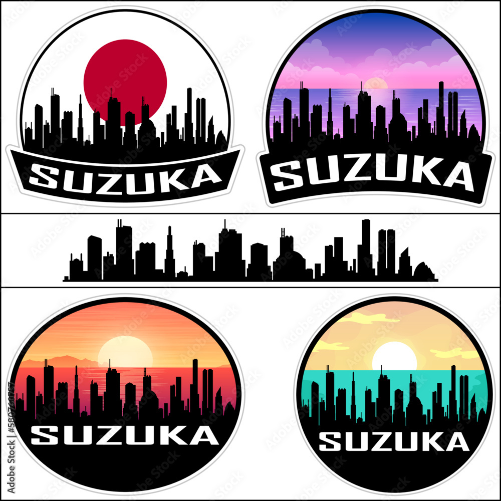 Suzuka Skyline Silhouette Japan Flag Travel Souvenir Sticker Sunset Background Vector Illustration SVG EPS AI