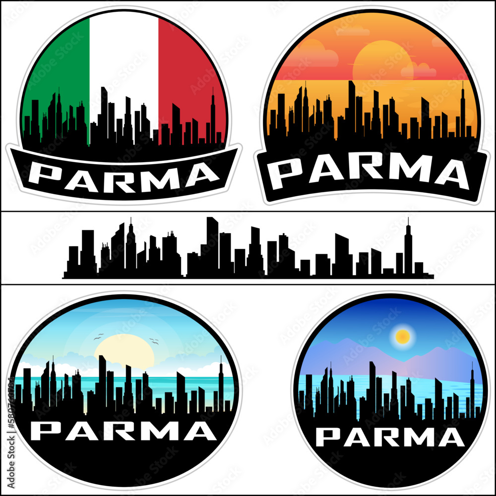Parma Skyline Silhouette Italy Flag Travel Souvenir Sticker Sunset Background Vector Illustration SVG EPS AI