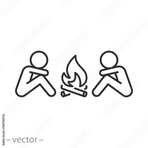 people around the bonfire icon, friends on camp fire, friendly atmosphere, holidays camping, thin line symbol on white background - editable stroke vector illustration eps10