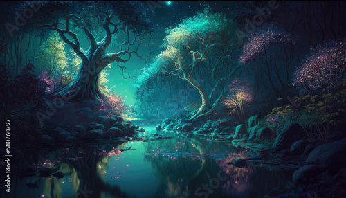 Magical Forest with a river under the moonlight and starry sky