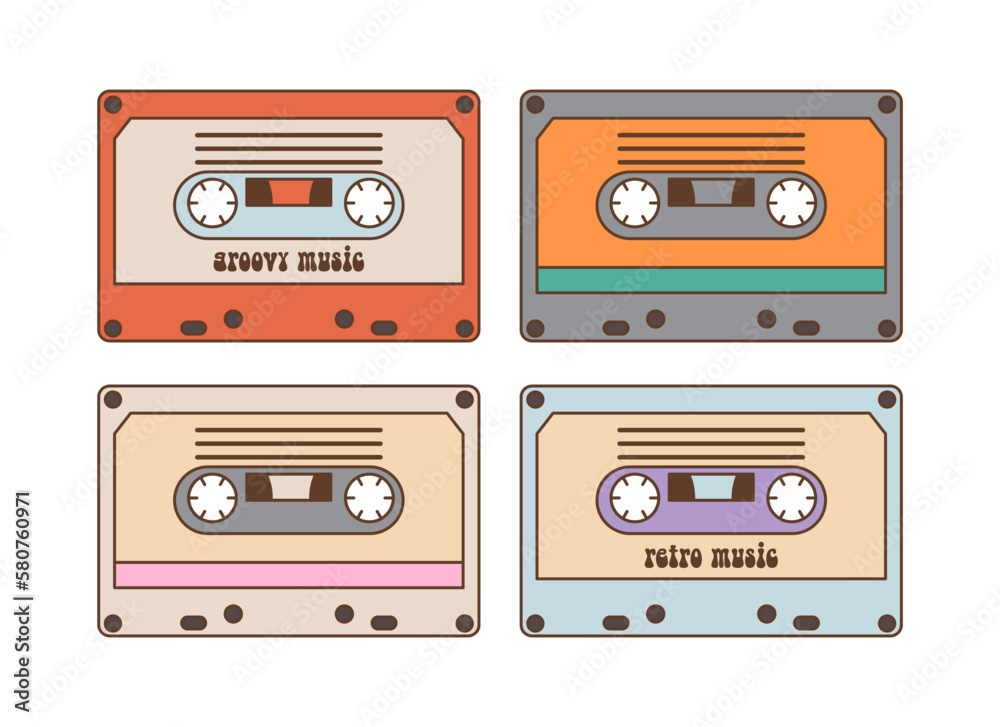 Old fashioned audio cassettes set isolated on white background. Back to 90s. Nostalgia for 1990s element. Retro style.
