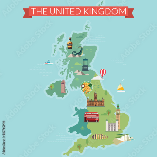 Map of United Kingdom with famous landmarks.