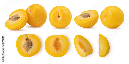 Yellow plums isoalted on white background. Fresh BIO fruits. Yellow fruits.