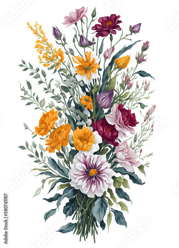 Bouquet of Spring Flower Watercolor Wall Art | Generative AI © Cetaceans Studio