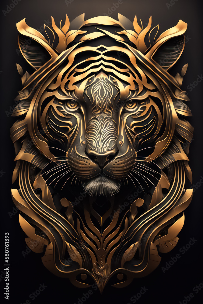 Golden Tiger Head Art Deco Illustration on Black Background Golden Tiger Head Art Deco Illustration on Black Background