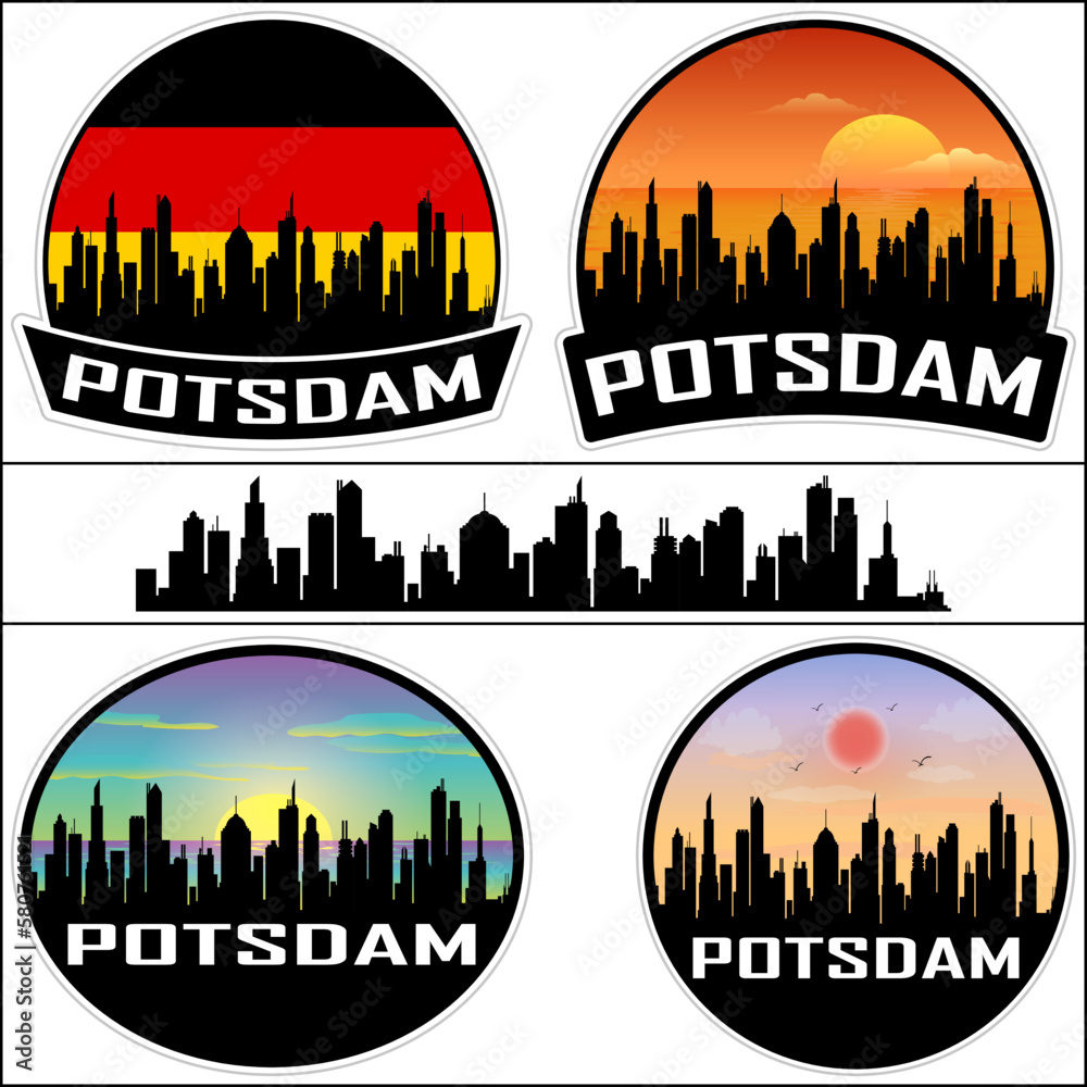 Potsdam Skyline Silhouette Germany Flag Travel Souvenir Sticker Sunset Background Vector Illustration SVG EPS AI