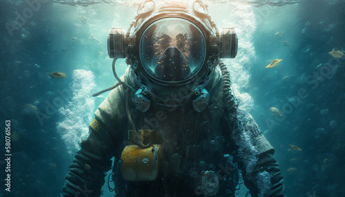 A deep sea diver is diving on the sea floor. Using modern technology diving suits. Thick body armor to overcome the high sea water pressure in the deep sea.