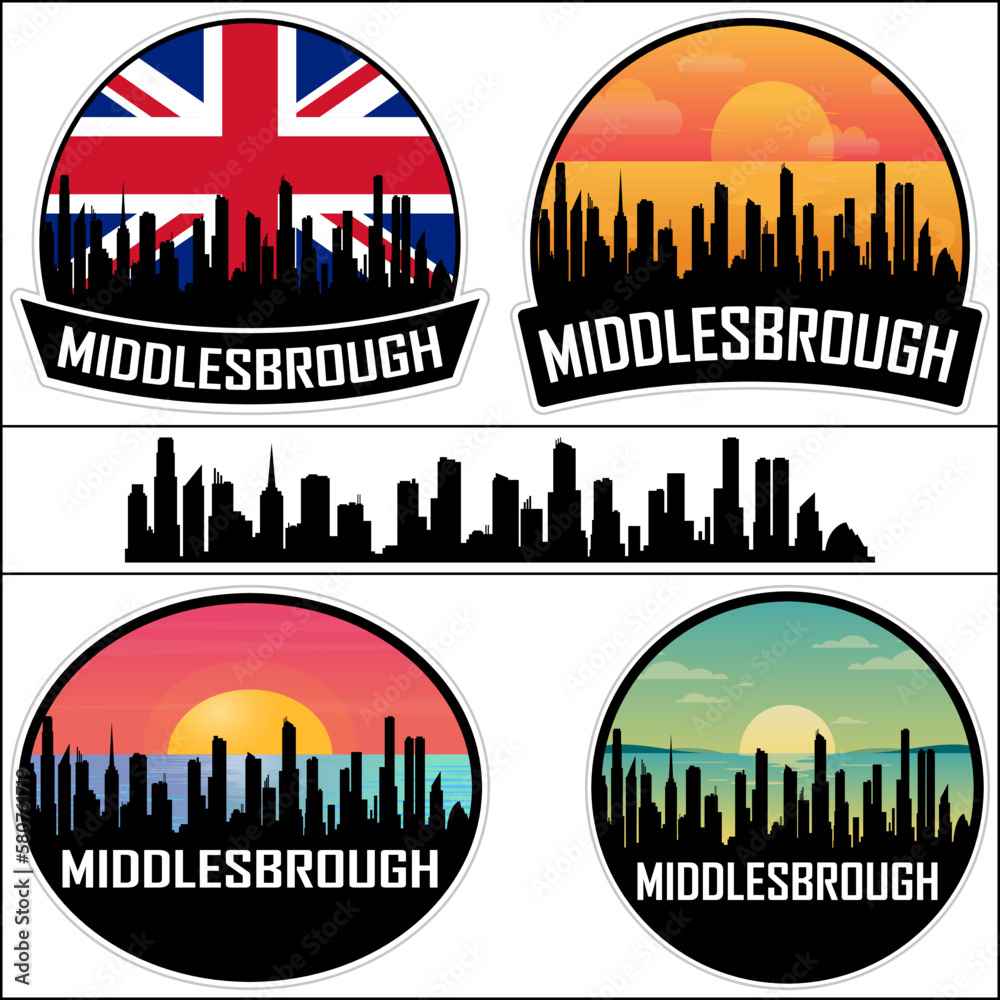Middlesbrough Skyline Silhouette Uk Flag Travel Souvenir Sticker Sunset Background Vector Illustration SVG EPS AI