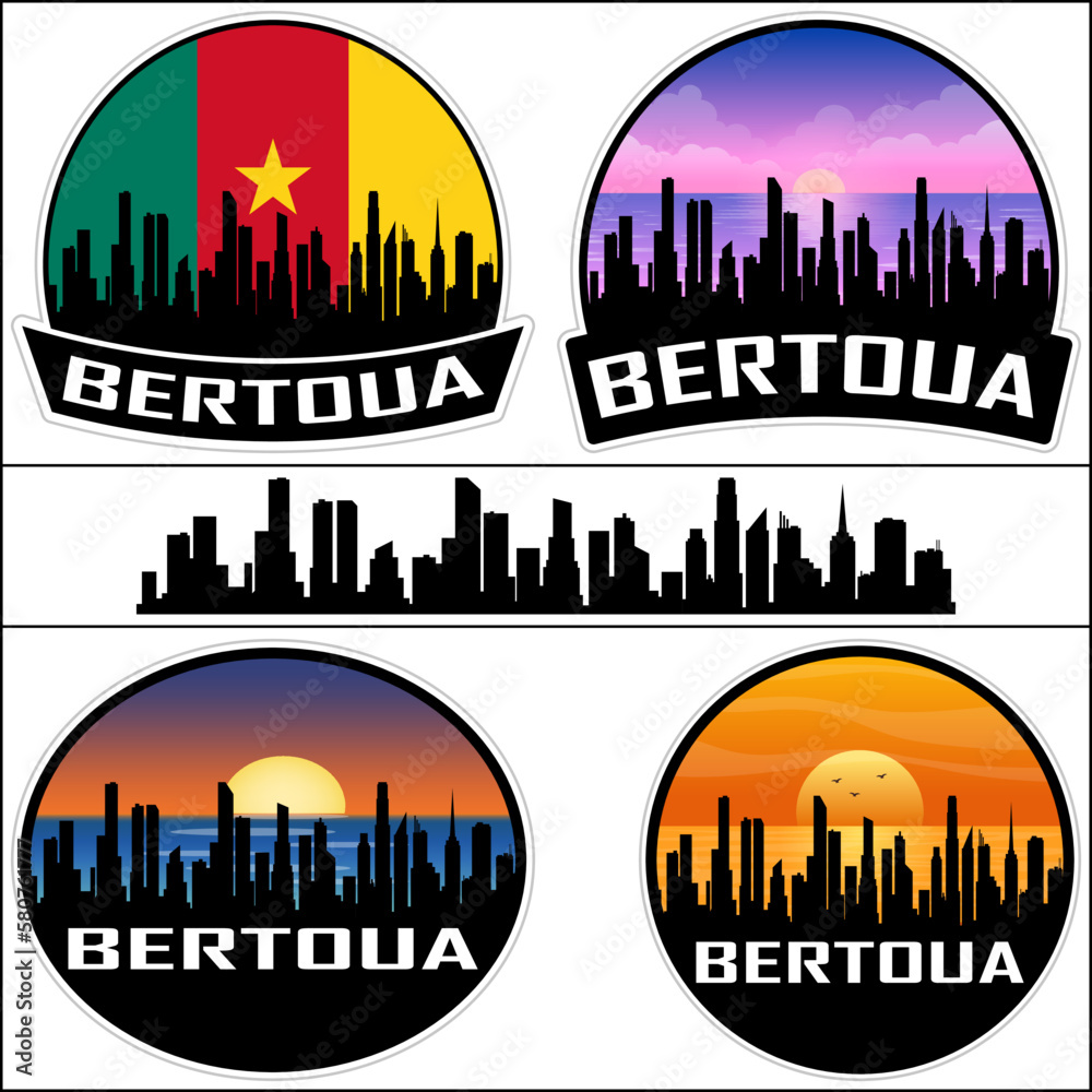 Bertoua Skyline Silhouette Cameroon Flag Travel Souvenir Sticker Sunset Background Vector Illustration SVG EPS AI