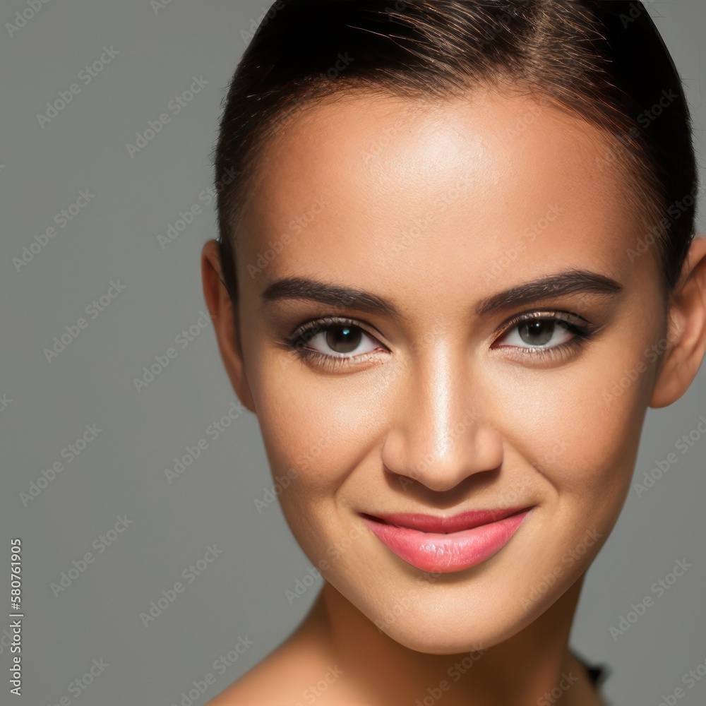 Fototapeta premium Portrait of a smiling young woman. Brunette long hair natural makeup face close up. Generative AI