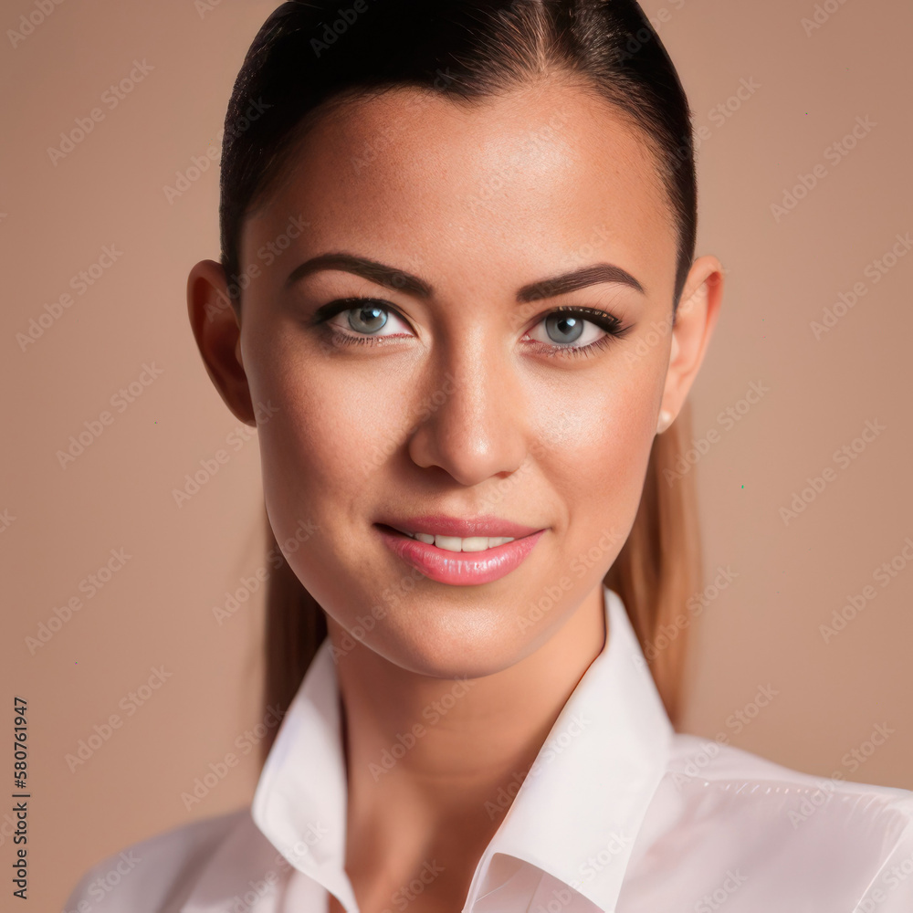 Portrait of a smiling young woman. Brunette long hair natural makeup face close up. Generative AI Portrait of a smiling young woman. Brunette long hair natural makeup face close up. Generative AI