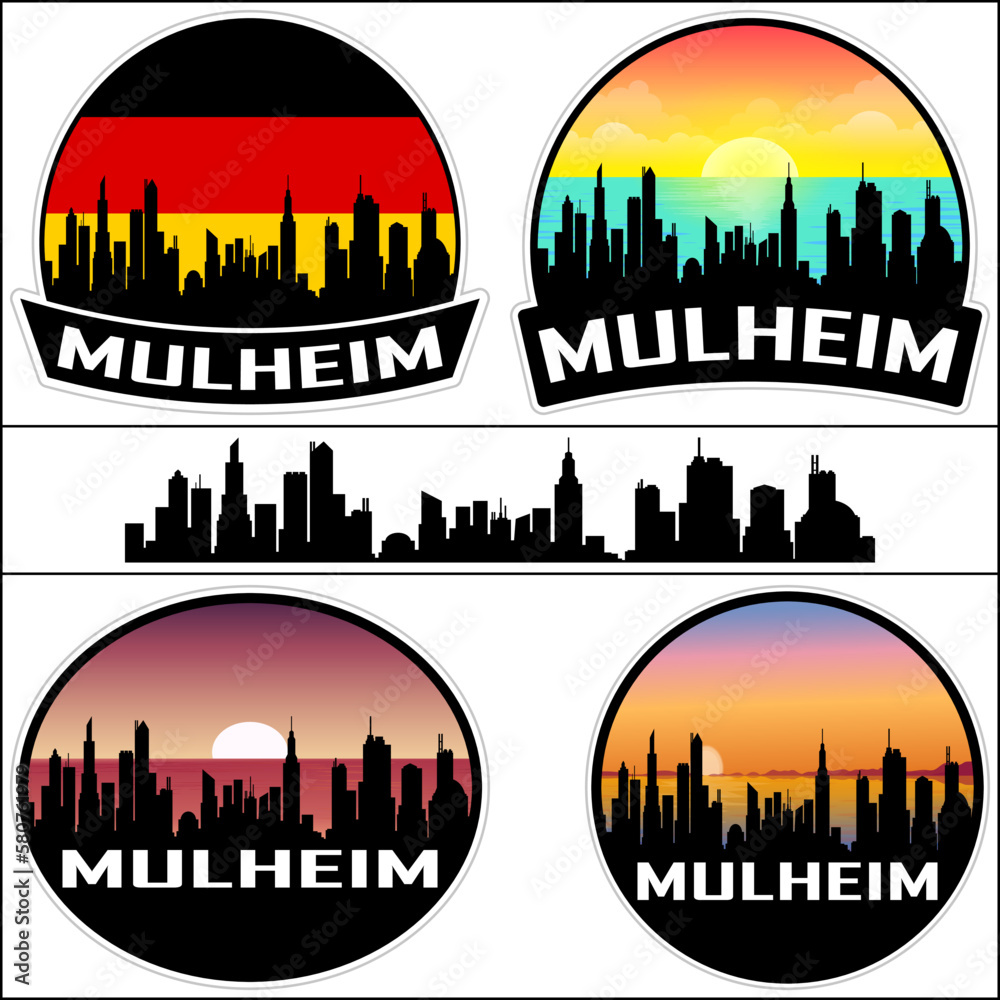 Mulheim Skyline Silhouette Germany Flag Travel Souvenir Sticker Sunset Background Vector Illustration SVG EPS AI
