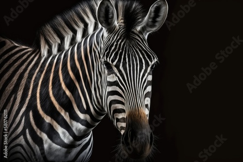 Portrait of a zebra with a black background. Generative AI © AkuAku