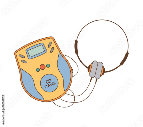 CD player with headphones. Back to 90s. Nostalgia for 1990s element. Retro style.