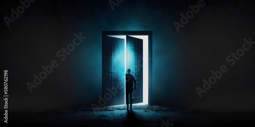 bright exit door in dark room, Generative AI