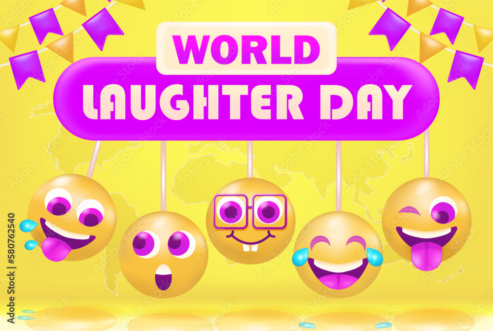 World laughter day. 3d vector Newton ball with happy emoticons